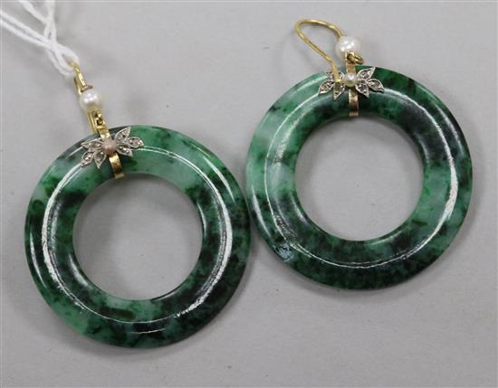 A pair of spinach jade, rose cut diamond and cultured pearl set hoop earrings, 36mm.